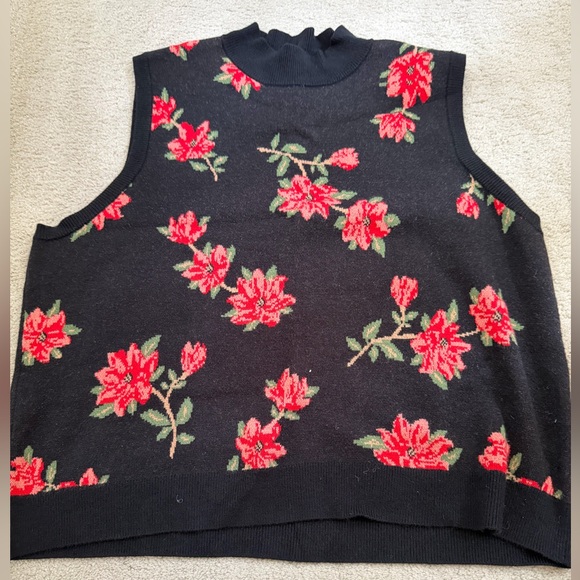 Draper James Black Sweater Vest with Red Floral Design - Picture 1 of 3